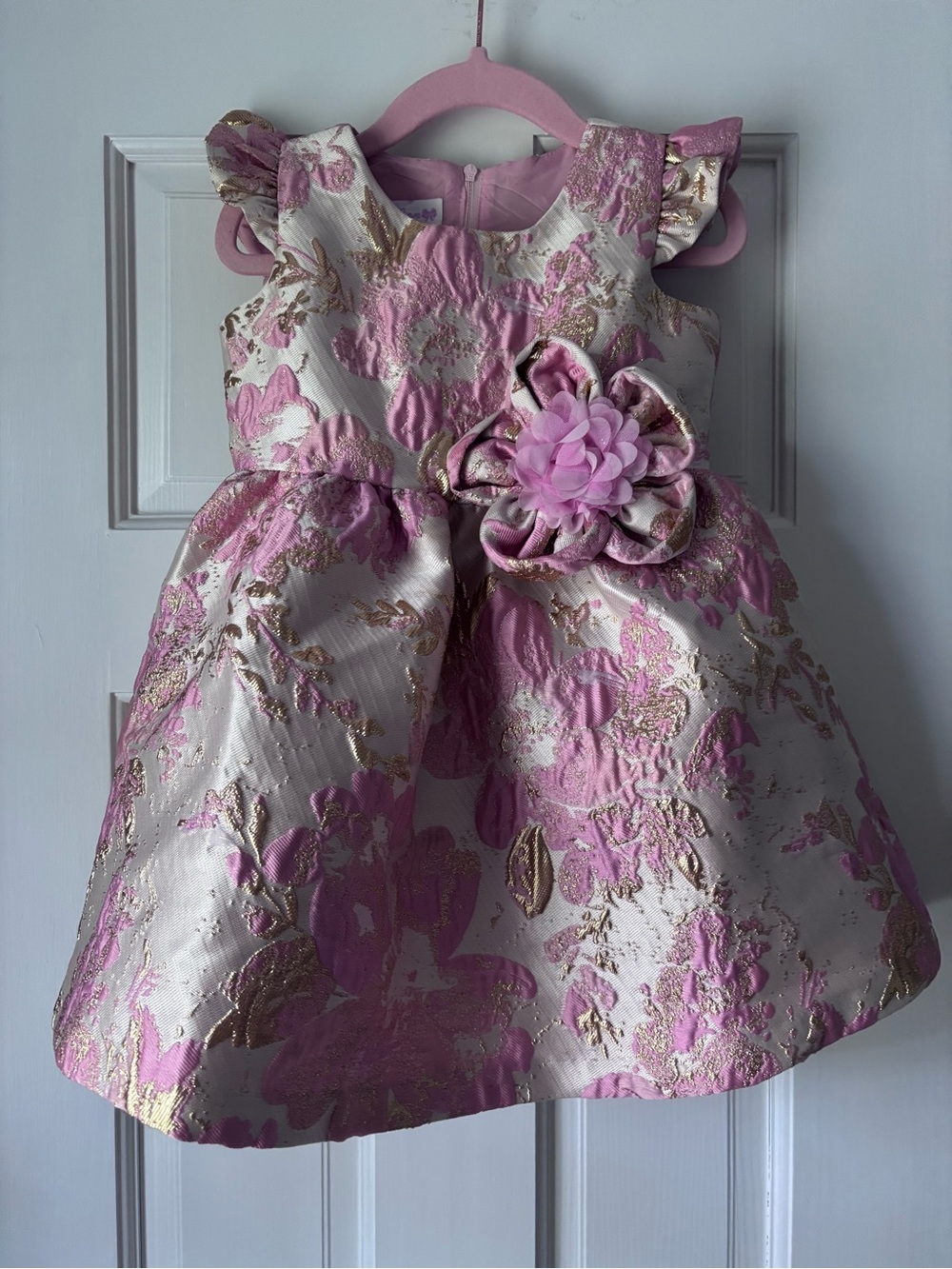 Bonnie Jean Pink and Gold Floral Jacquard Party Dress